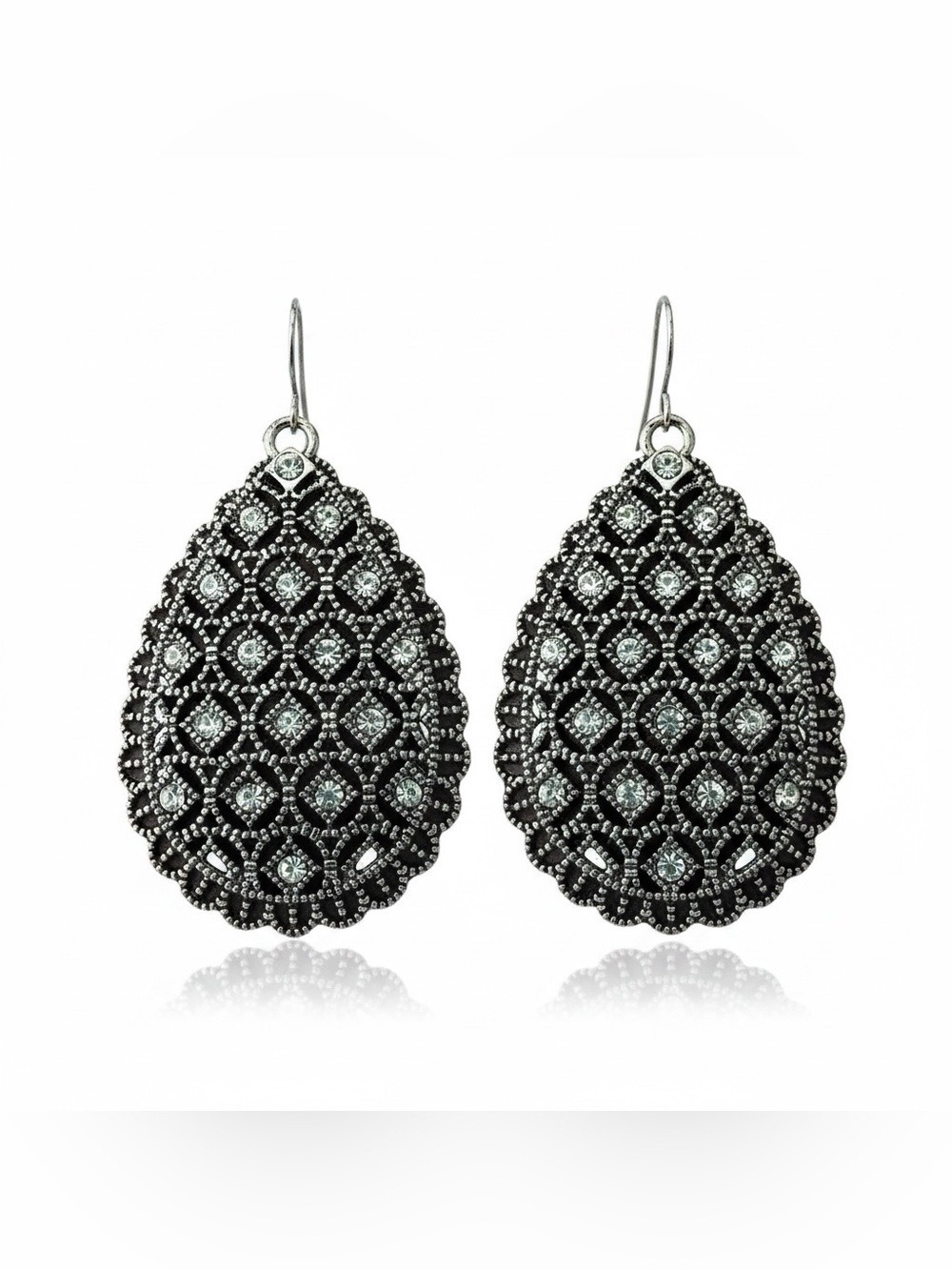 Premier Designs Silver Filigree Teardrop Dangle Earrings CZ